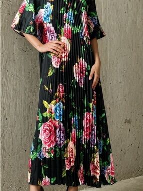 Floral Pleated Maxi Dress - Black with Multicolor Roses Katie hewko